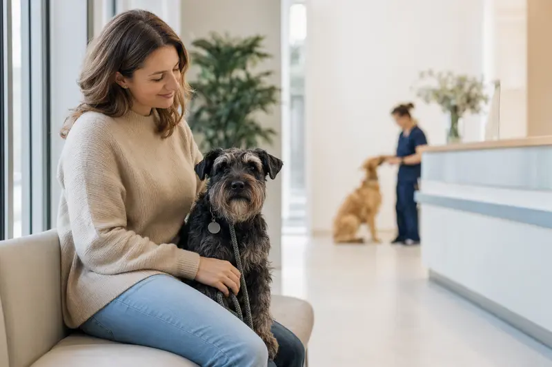 Ein Holländischer Schnauzer sitzt ruhig neben seinem Besitzer im hellen Wartezimmer einer modernen Tierarztpraxis.